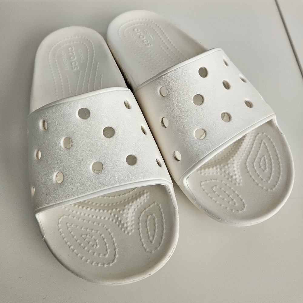 CROCS White Slide Sandals with Perforated Strap